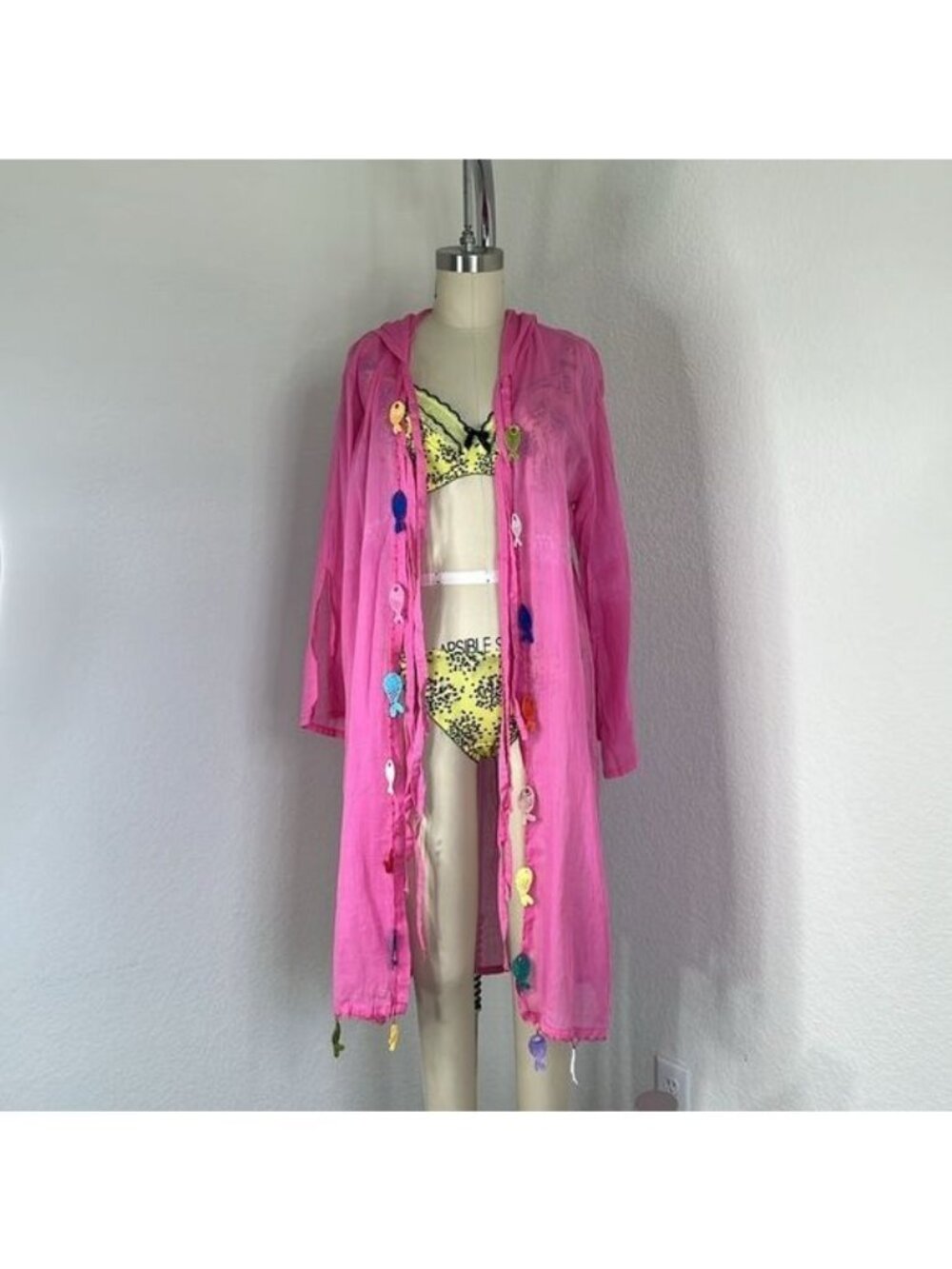 Greek Linen Sheer Beach Coverup Robe Hooded Crochet Fish